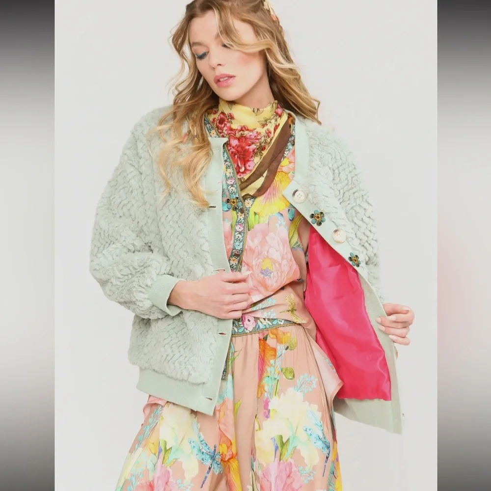 ARATTA Nellie Boho Luxe Mint Fur Jacket Satin Lined Crystal Buttons Boutique - Picture 8 of 16